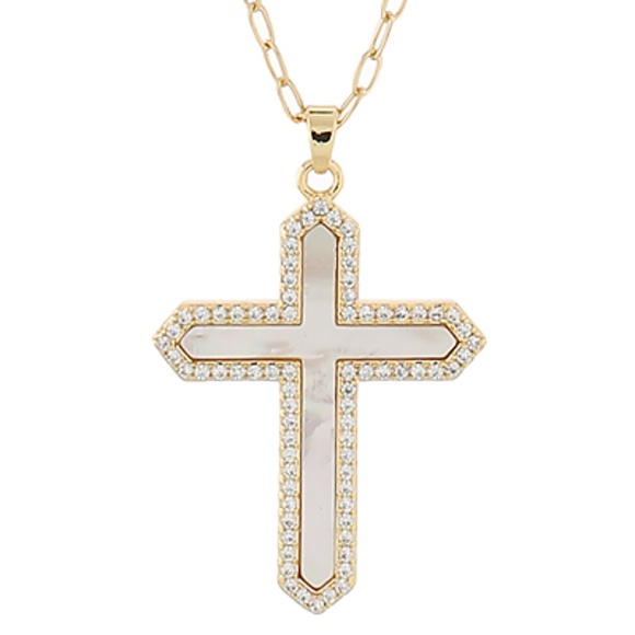 MOP & CZ Cross Necklace - Picture 2 of 2